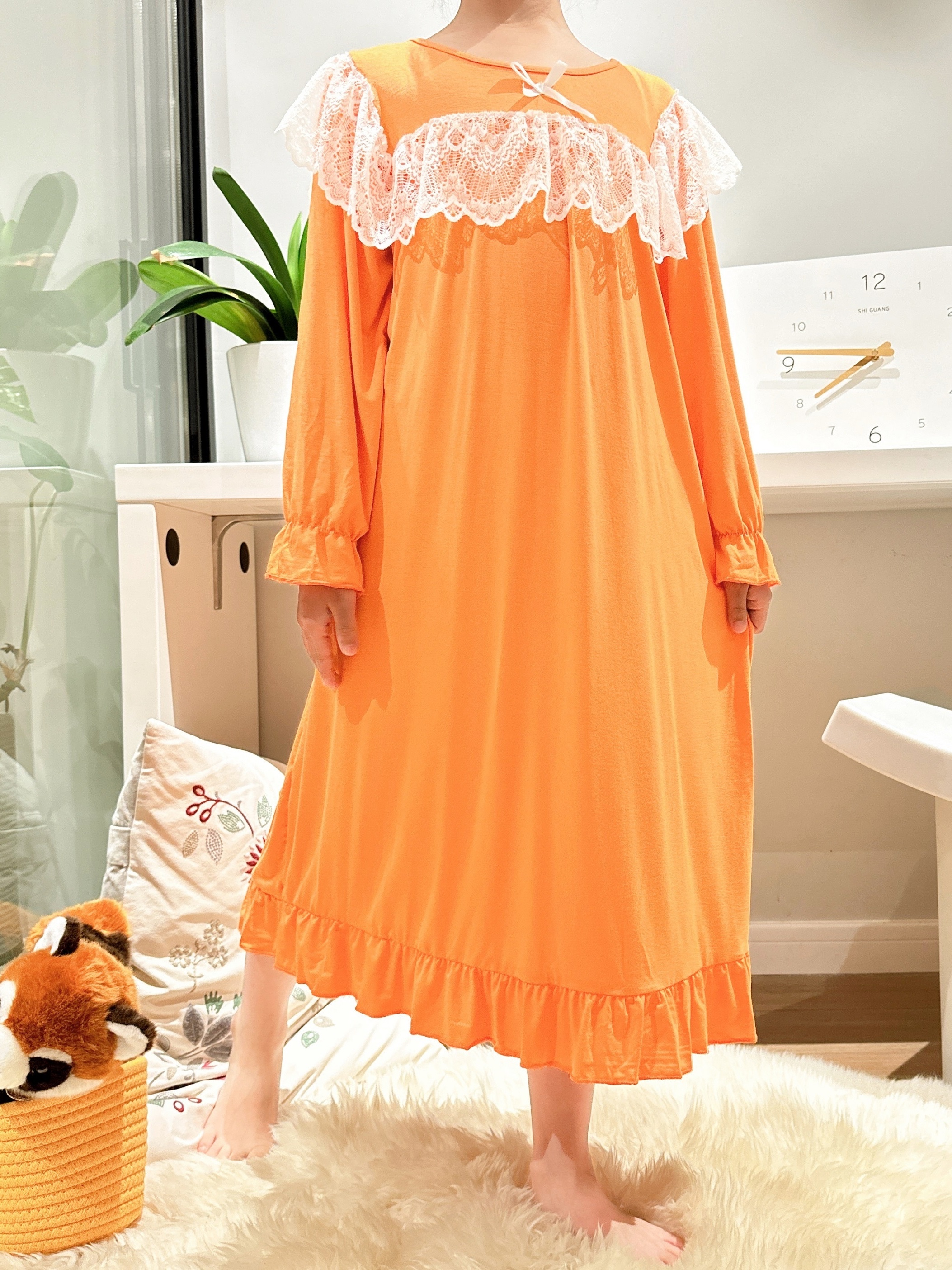Lace O-neck Ruffle Nightgown Soft Cotton Sleepwear Cute Princess