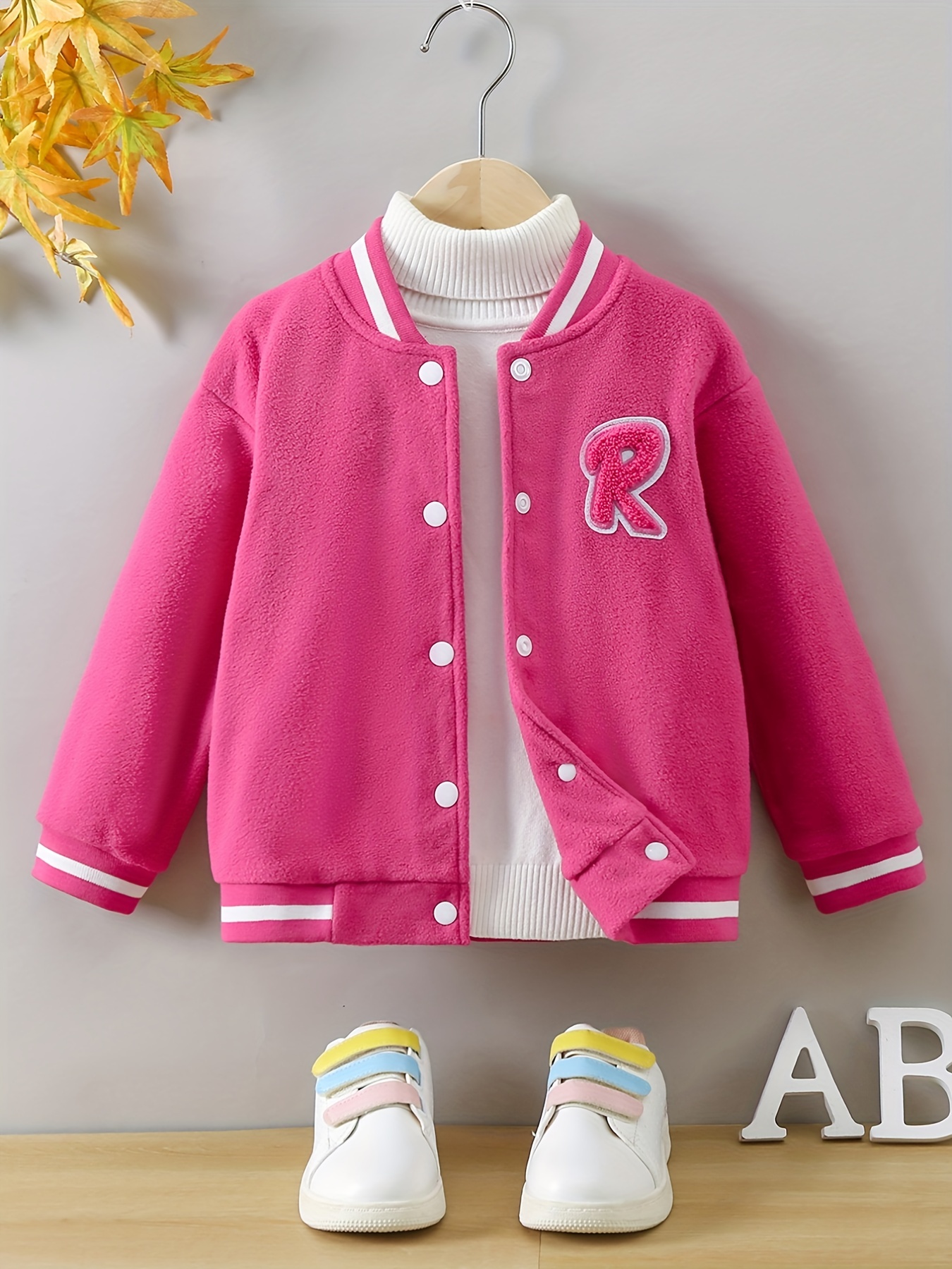 Girls Casual Fleece Letter Print Varsity Jacket Preppy Style