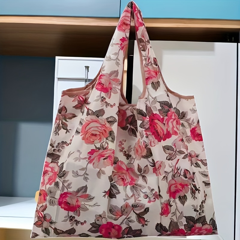 

1pc Portable Folding Supermarket Shopping Bag, Rose Pattern Reusable Durable Nylon Storage Bag, Waterproof Storage Bag