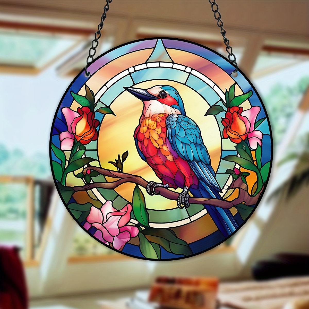 Stained Glass Hummingbird Window Hangings,Stained Glass Suncatcher Panel,  Bird Suncatcher for Windows Doors Room Home Decoration