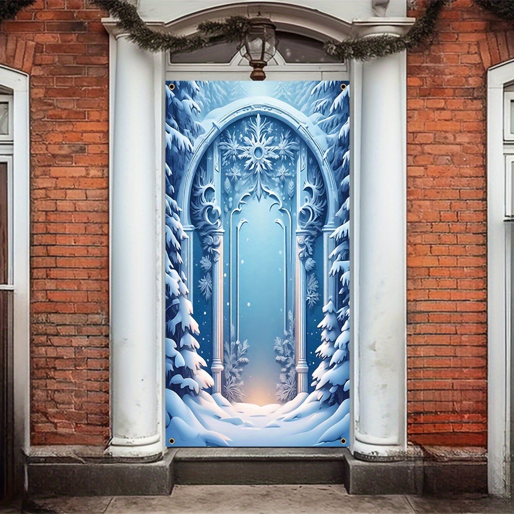 

1pc Snow World Door Cover Decoration, Polyester Porch Sign Background Winter Fairy Tale Farmhouse Holiday Party Front Door Hanging Indoor Outdoor Banner Home Decor 70x35 Inch
