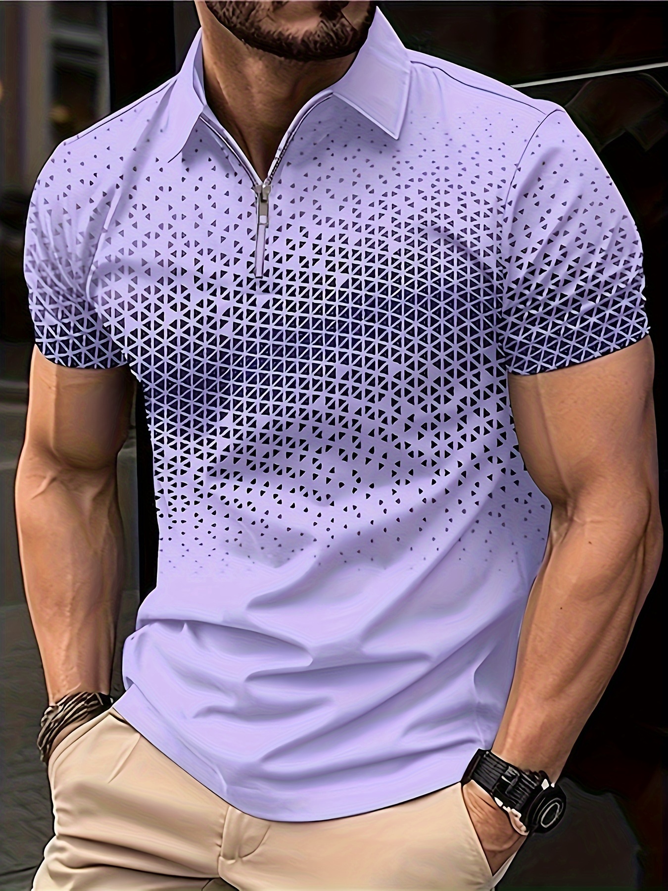 geometry pattern mens casual comfy custom fit zip short sleeve shirt mens golf shirt tennis shirt mens clothing purple blue 0