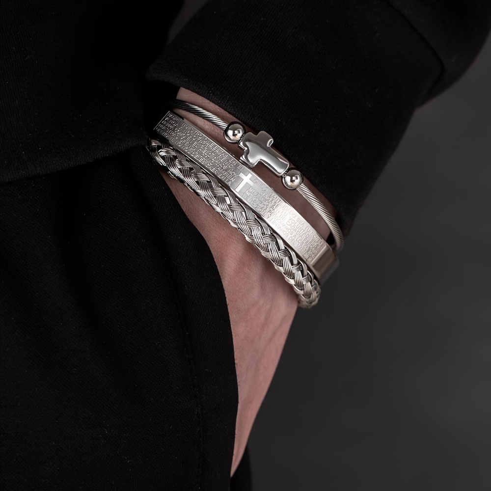 3pc Cross Bangle Stainless Steel Braided Elastic Bangle Set