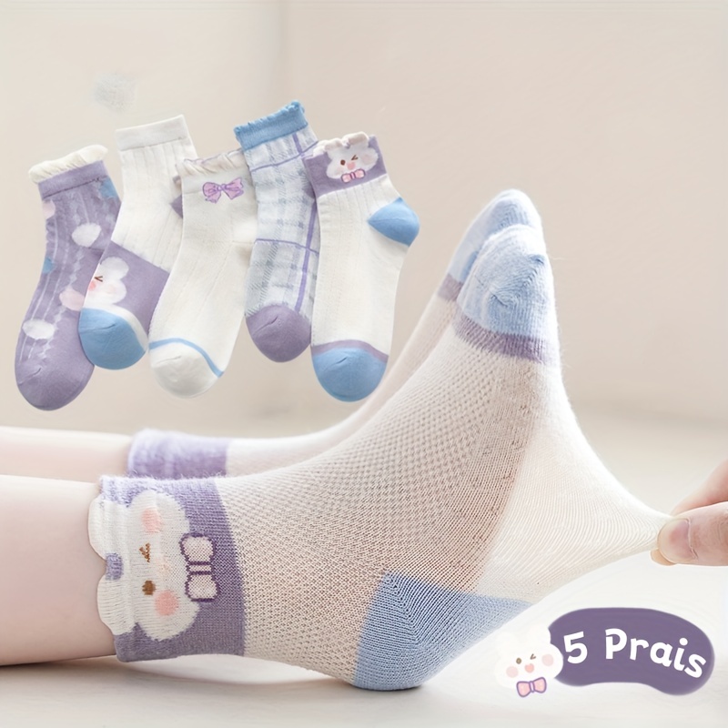 

5 Pairs Of Girl's Adorable Rabbit Pattern Crew Socks With Ear Lifting Design, Comfy Breathable Casual Soft & Elastic Socks, Spring & Summer