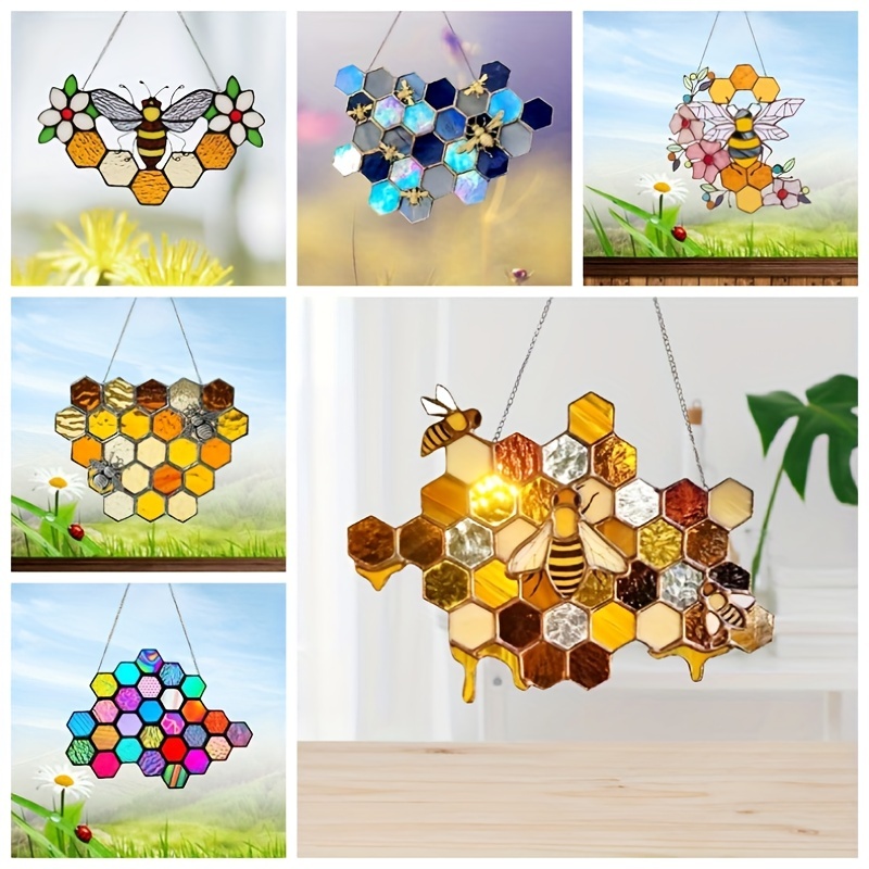 1pc, Acrylic Honeycomb Pendant Hangings Decoration ,Stained Glass Window  Hangings Ornament With Chain, Colorful Honeycomb Bee Suncatcher ,Indoor