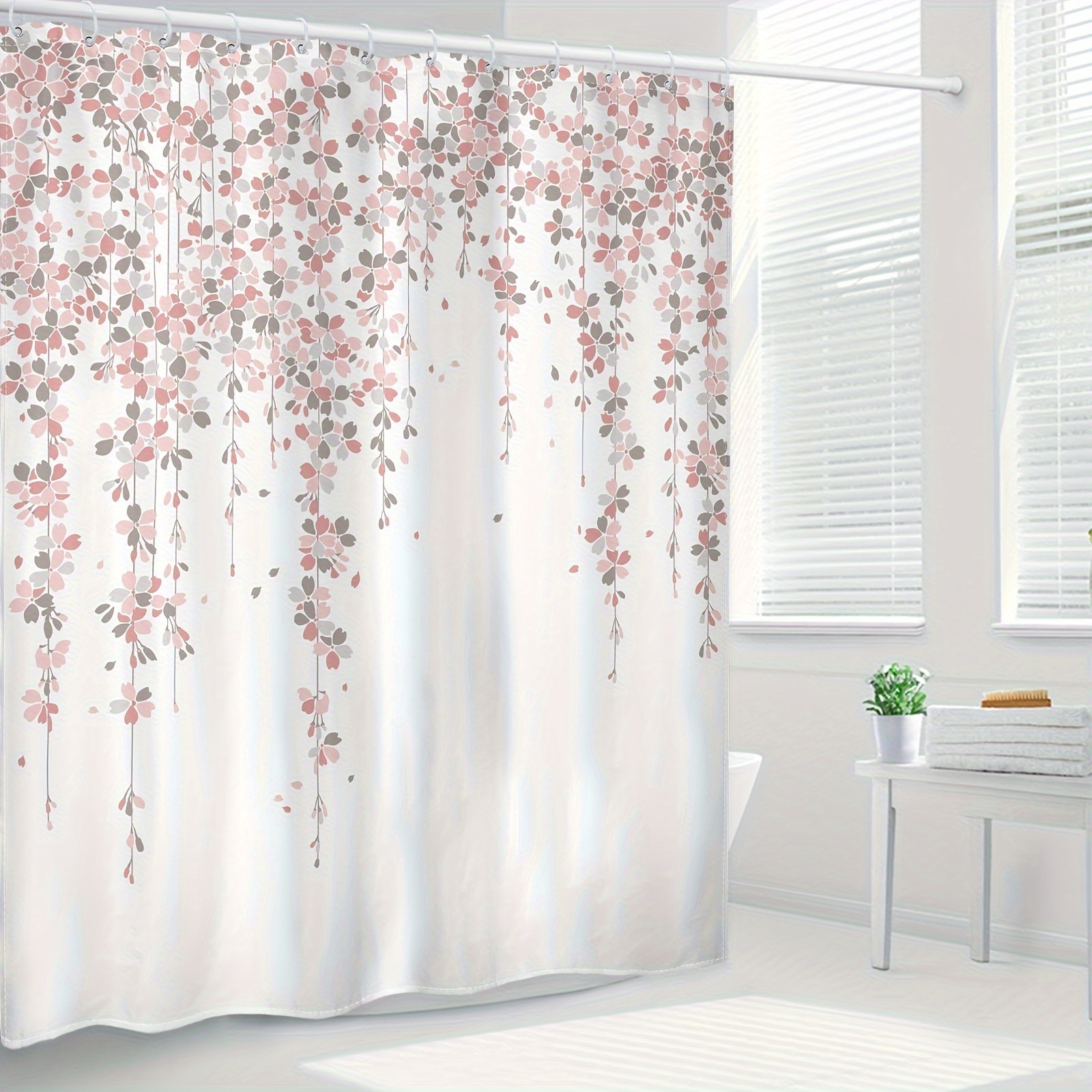 Flowers Waterproof Shower Curtains PEVA with Plastic Hooks Bathroom Decor  White