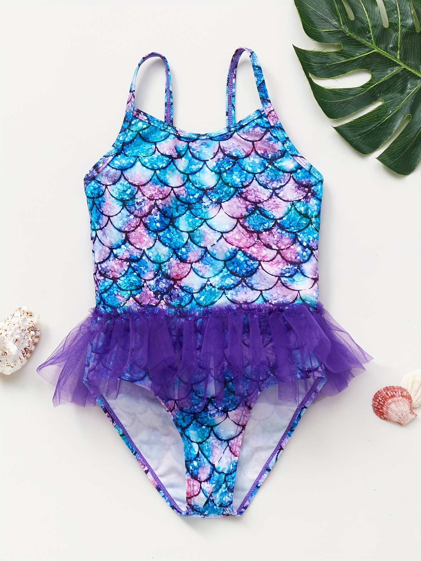 Girls One-piece Swimsuit Sleeveless Camisole Mermaid Fish Scale Print Mesh  Decor Kids Clothes Vacation Beach Bathing Casual Bathing Suit Summer