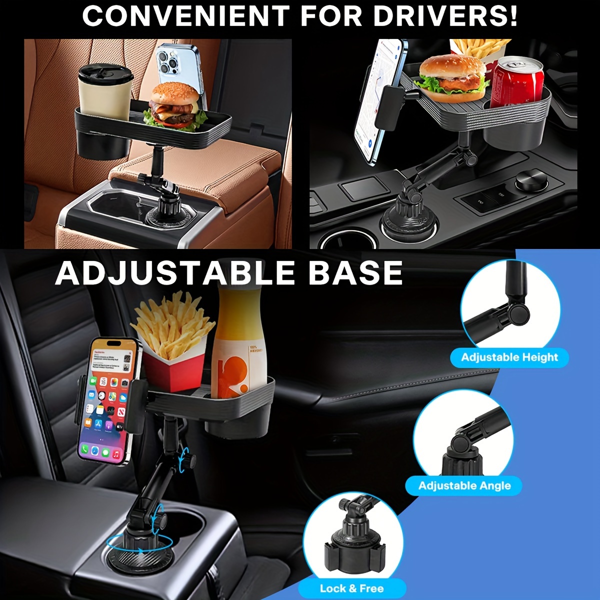 3 in 1 Car Drinks Holder Rotating Mount Holder Cup Coffee Table Stand Food  Tray