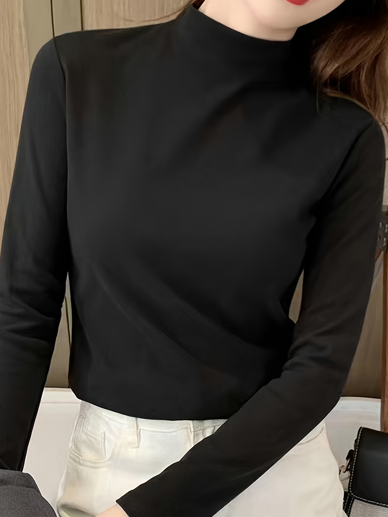 Female Thermal Underwear Long Sleeve Round Neck Autumn Bottoming Shirt Home  Office Sleep Inner Wear Warm Undershirt Woman 1Pc Black L