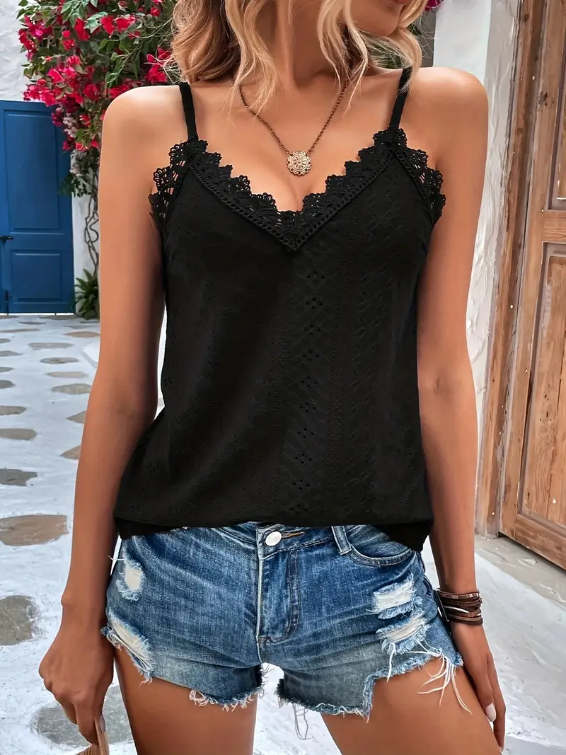 Eyelet Contrast Lace Cami Top, Casual V-neck Spaghetti Strap Top For  Summer, Women's Clothing For Coquette/Cute/Y2K Style