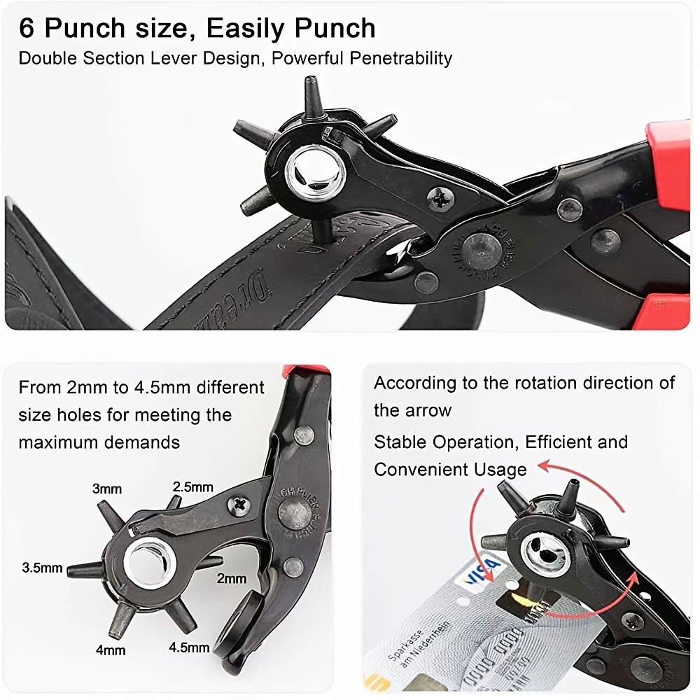 Leather Hole Punch Tool Set Heavy Duty 6 Size Revolving Leather Belt Hand  Hole Puncher for Belts, Dog Collars, Saddles, Shoes, Fabric, DIY Home or