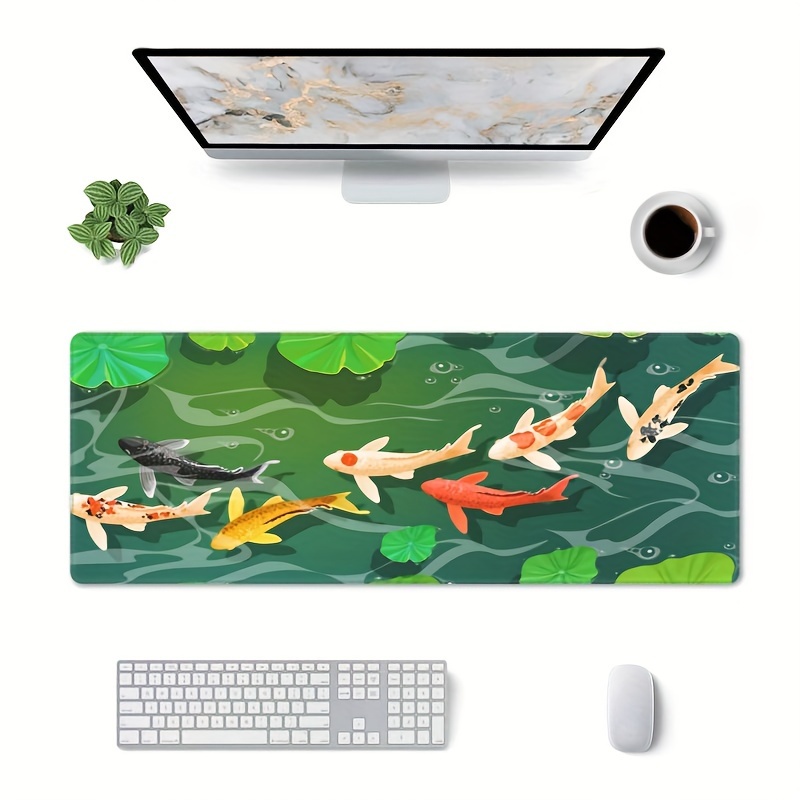 Koi Fish Desk Mat Japanese Mousepad Xl, Green Oriental Pond Asia