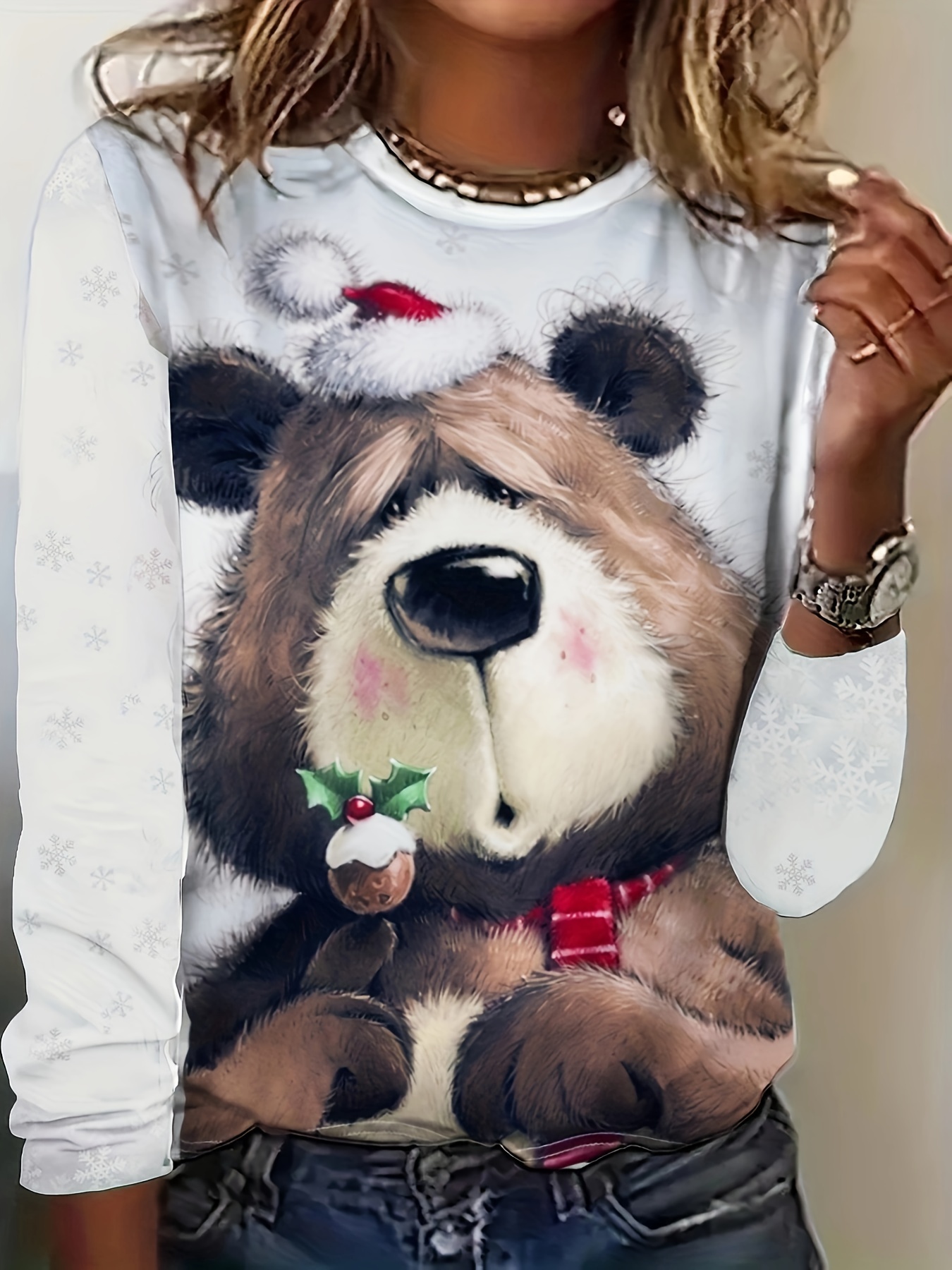 Teddy Bear Print T Shirt Long Sleeve Casual Top For Spring Fall