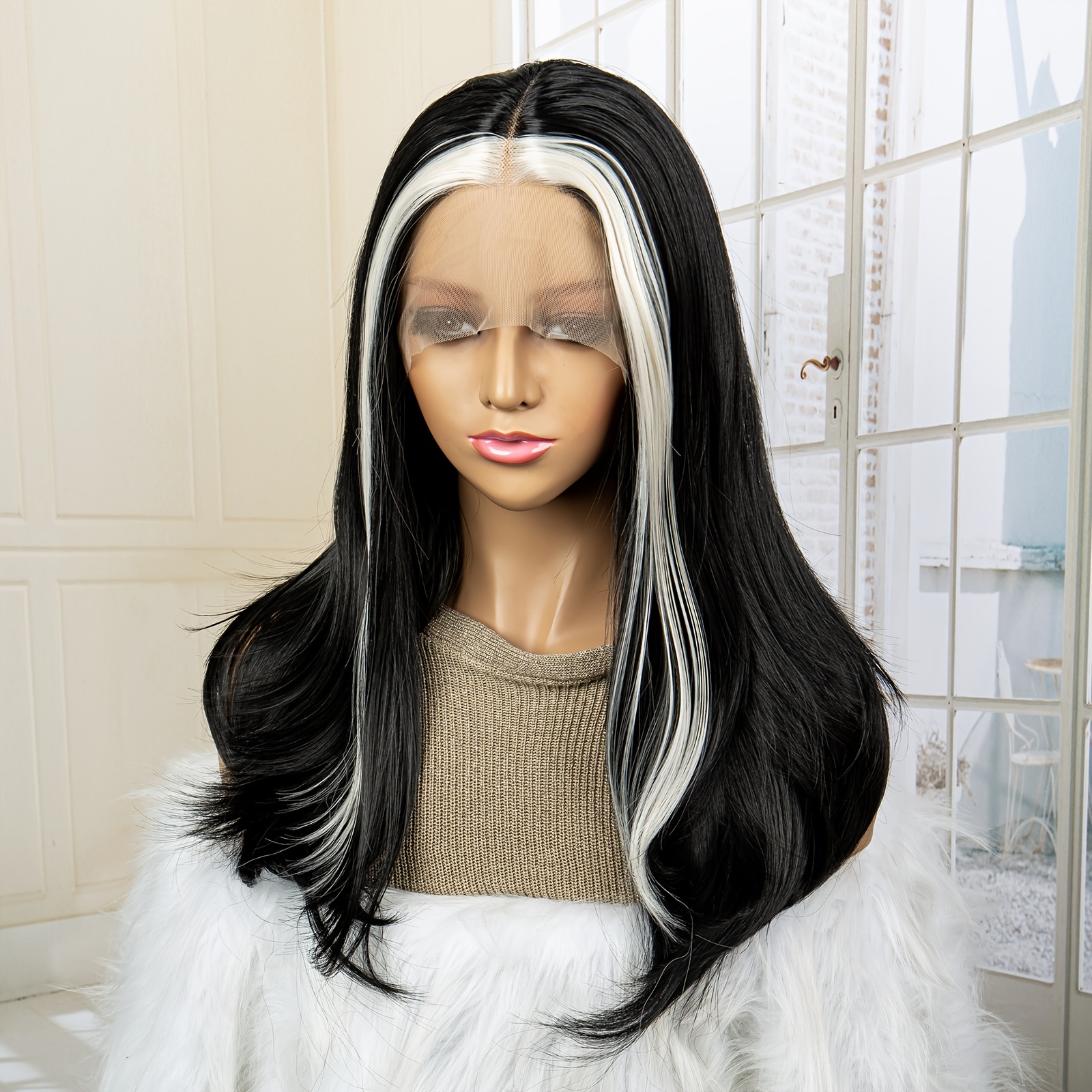 Synthetic Skunk Stripe Wig Long Straight Hair Lace Front Wig