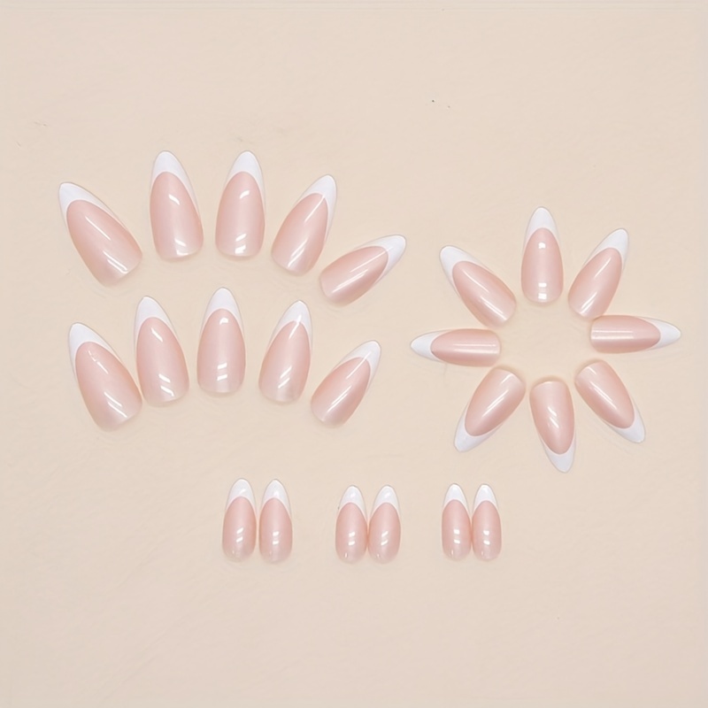 white french tip press on nails short almond aurora fake nails simple style full cover acrylic false nails glue on nails for women and girls details 0