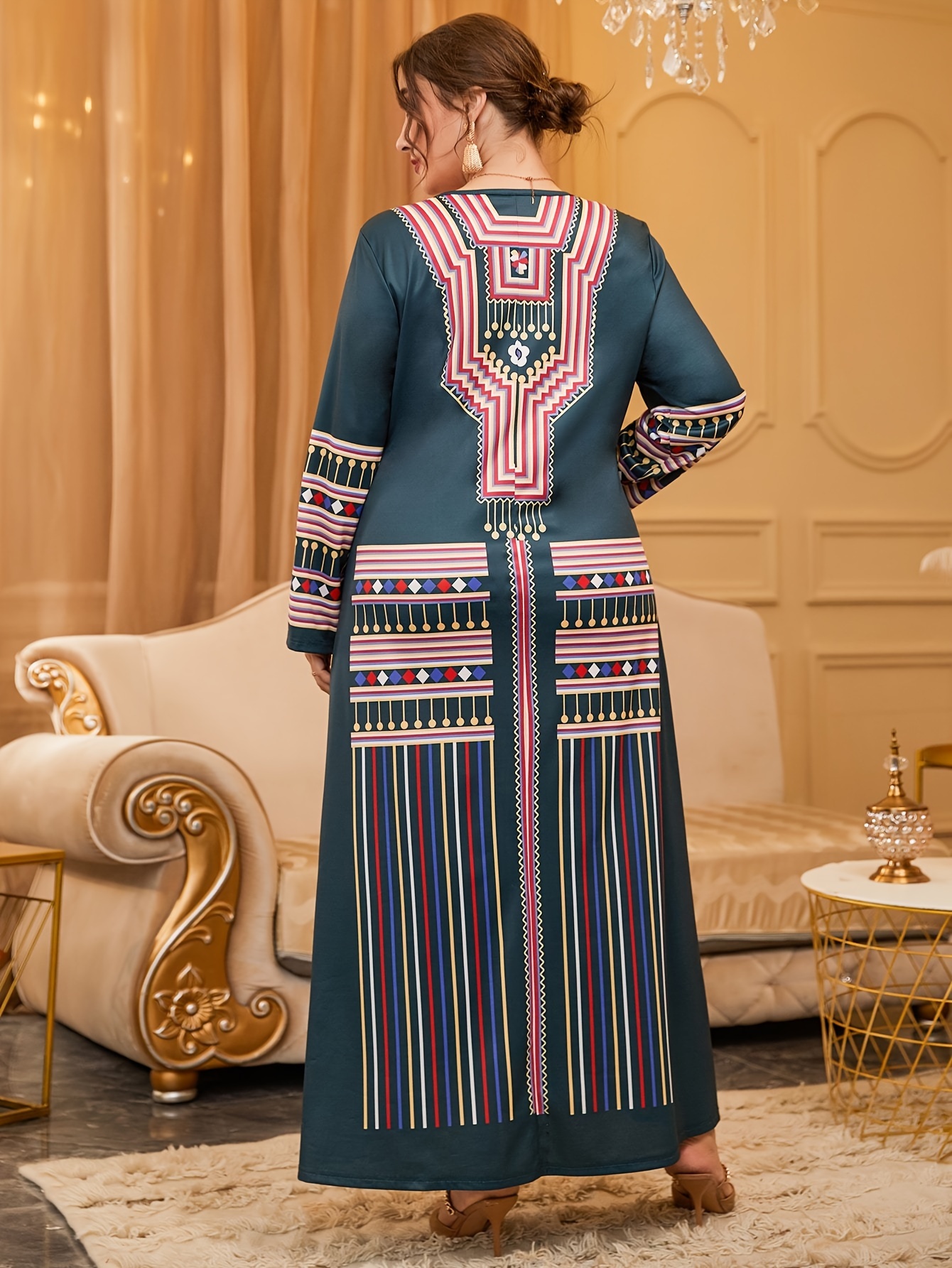 Geometric Print Abaya Dress Long Sleeve Square Neck Maxi