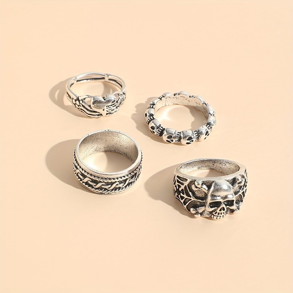 Hip Hop Style Skull Finger Ring Set, 4 Pcs