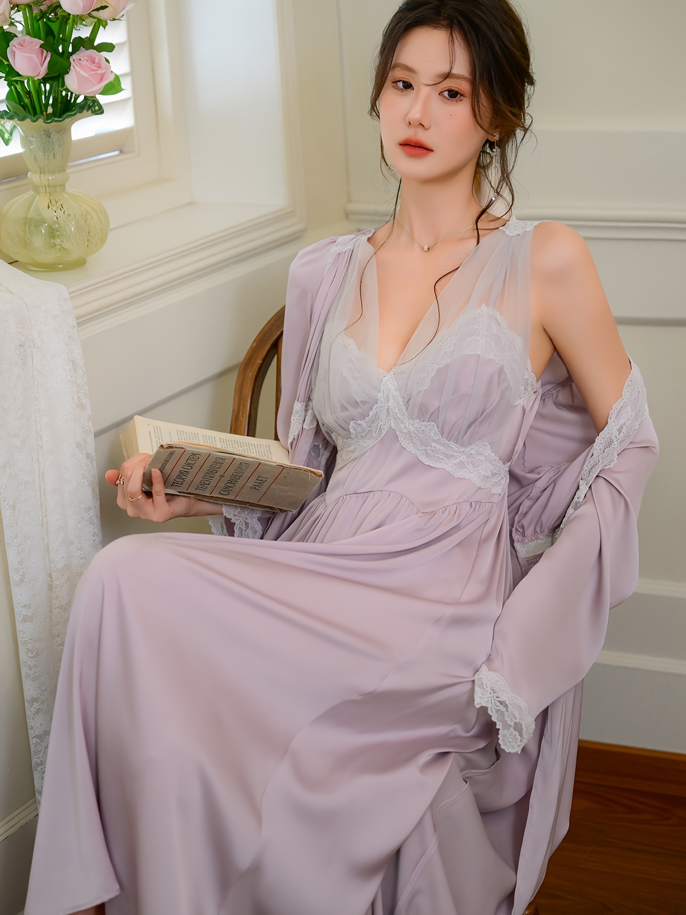 Elegant Solid Satin Pajama Set Lace Trim Long Sleeve Open - Temu
