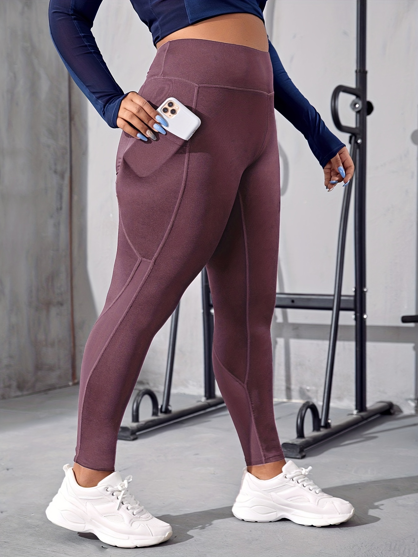 Plus Size Sports Leggings Women's Plus Solid Pipping Wide - Temu