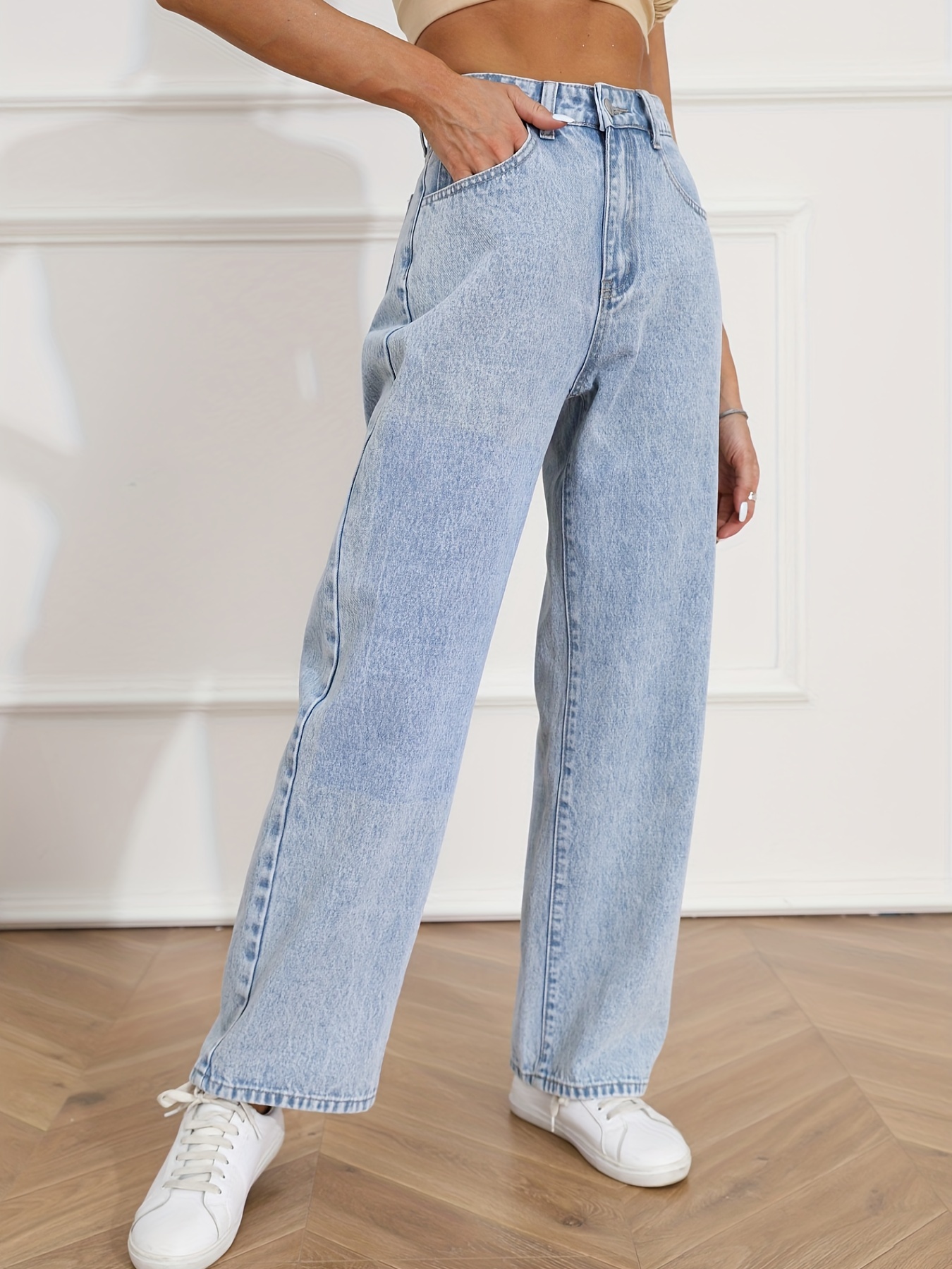 Light Blue Loose Fit Straight Jeans Slash Pockets High Waist - Temu