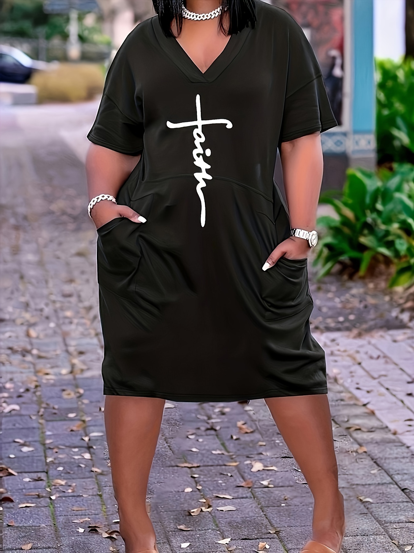 Plus Size 'faith' Letter Print Short Sleeve Midi Dress - Temu