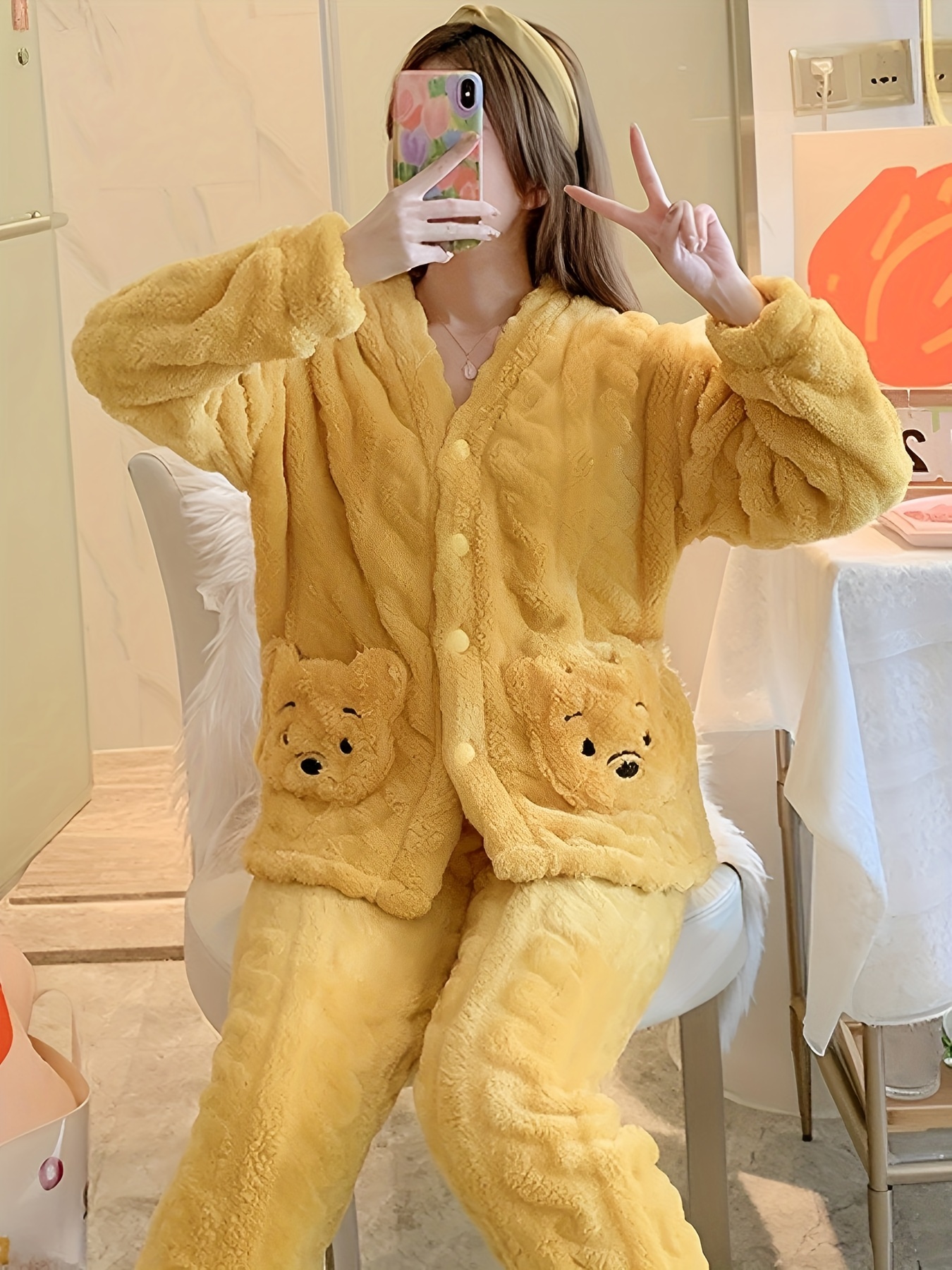 Cartoon Bear Fuzzy Pajama Set, Long Sleeve Crew Neck Top & Elastic  Waistband Pants, Women's Sleepwear & Loungewear