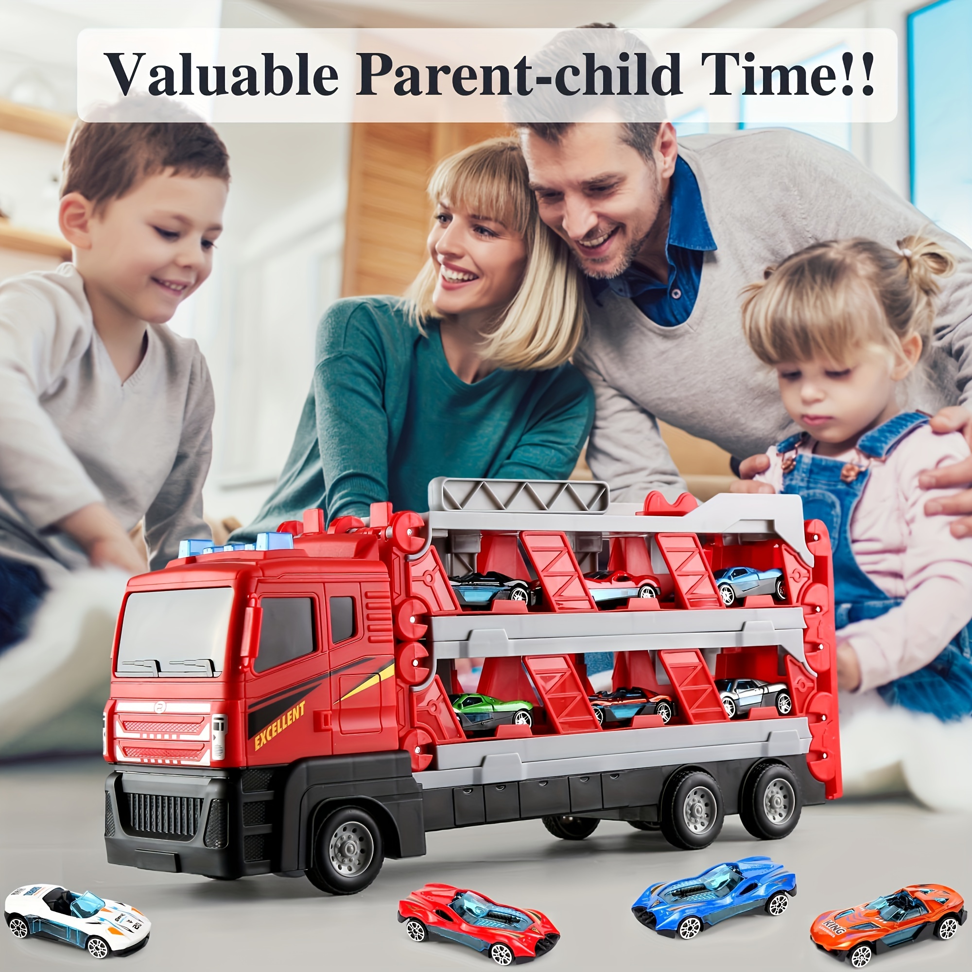 Juguetes para niños de 3 a 5 años, camión de juguete con 12 vehículos  fundidos a presión, autos de juguete y 2 pistas de carreras, regalo para  niños