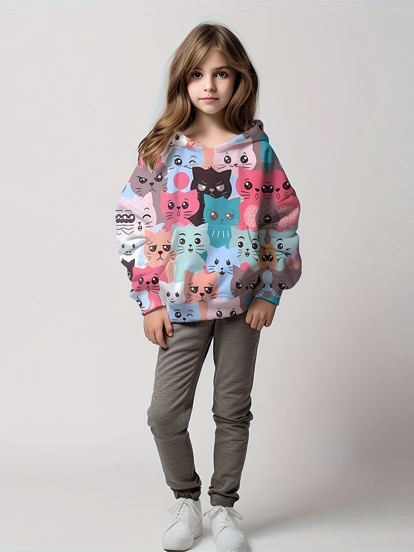 Adorable Kitten Graphic Long Sleeve Hoodies Girls Cute - Temu Canada