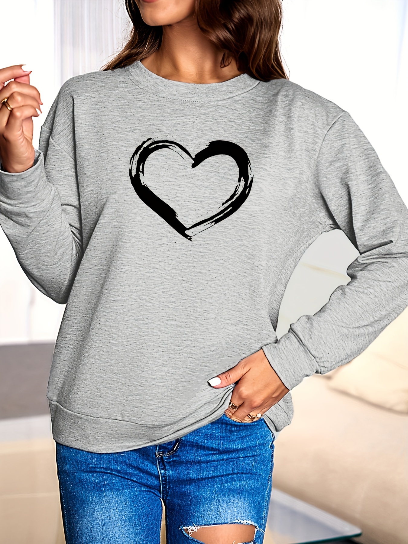 Broken Heart Print Sweatshirt Casual Long Sleeve Crew Neck Sweatshirt  Womens Clothing - Women's Clothing - Temu