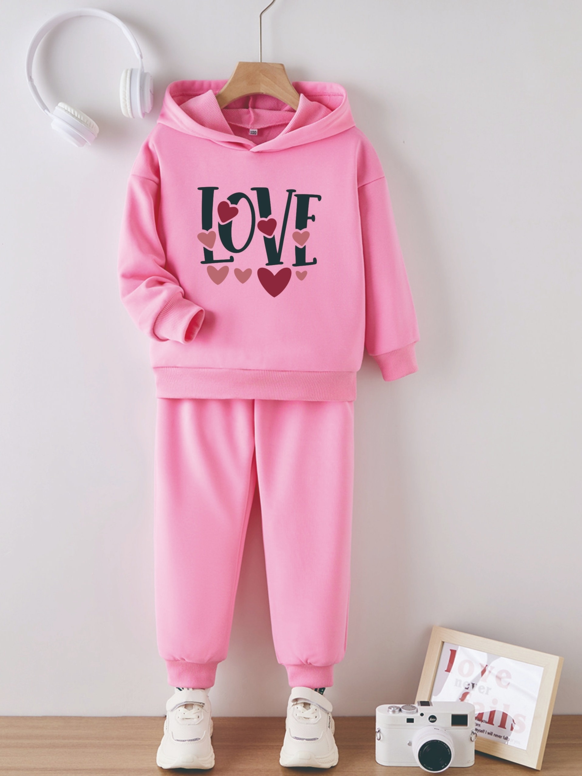 Heart Graphic Outfits Girls Pullover + Jogger Pants Kids - Temu