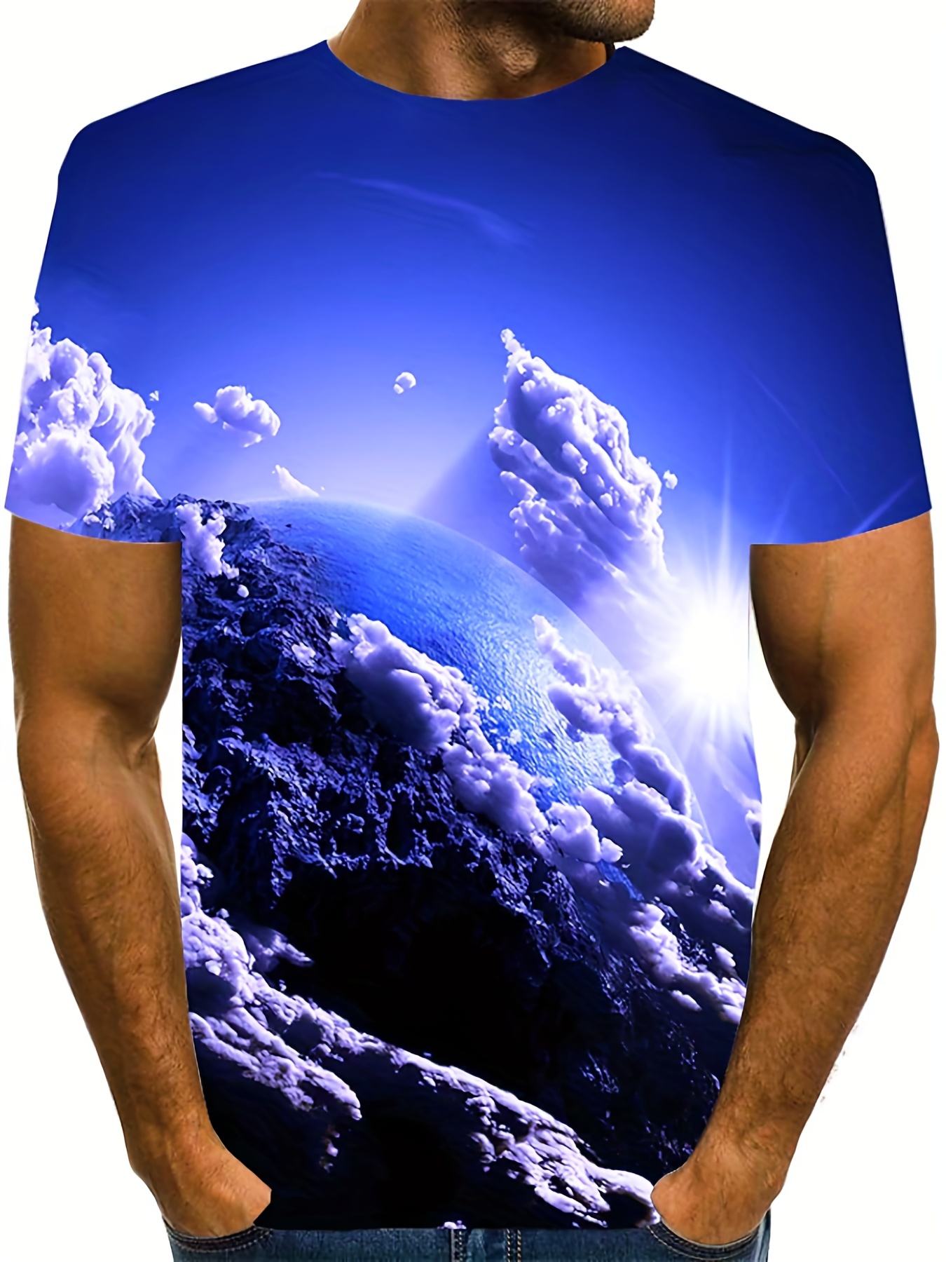 Men's Street Style 3D Blue Sky White Clouds Print T-shirt, Summer Trendy  Casual Short-sleeve Crew Neck Slightly Stretch Tops For Sports, Workout
