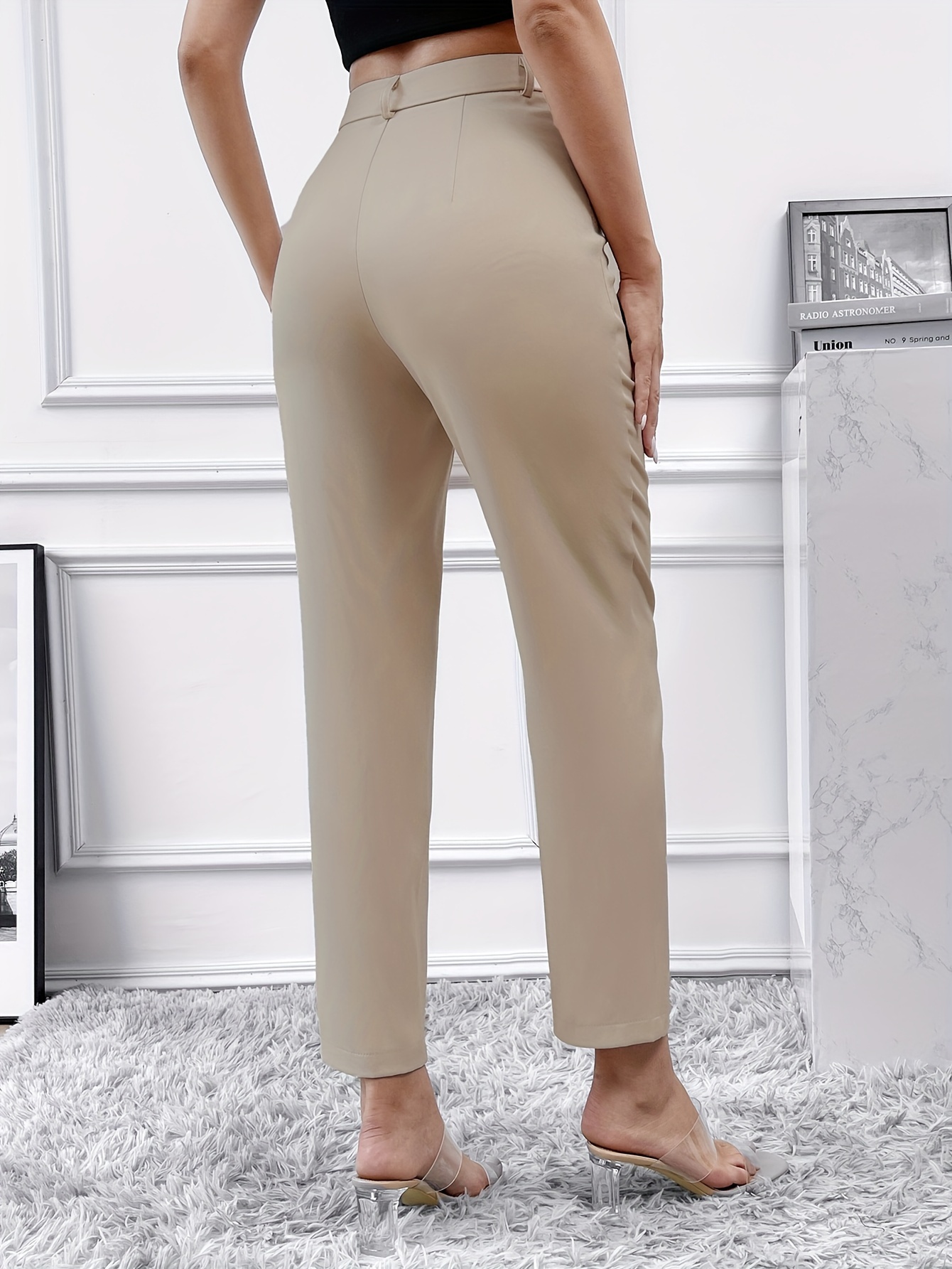 Solid High Waist Tailored Pants Elegant Long Length Work - Temu Canada