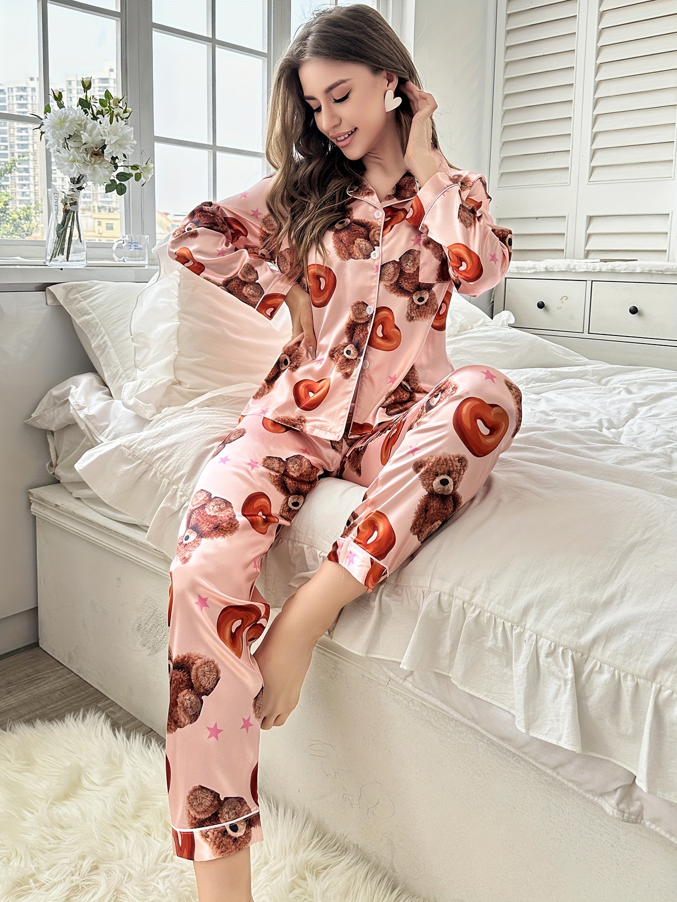 Eyelash Pattern Flannel Pajamas Set, Long Sleeve Tops & Pants For  Valentine's Gifts, Women's Sleepwear & Loungewear