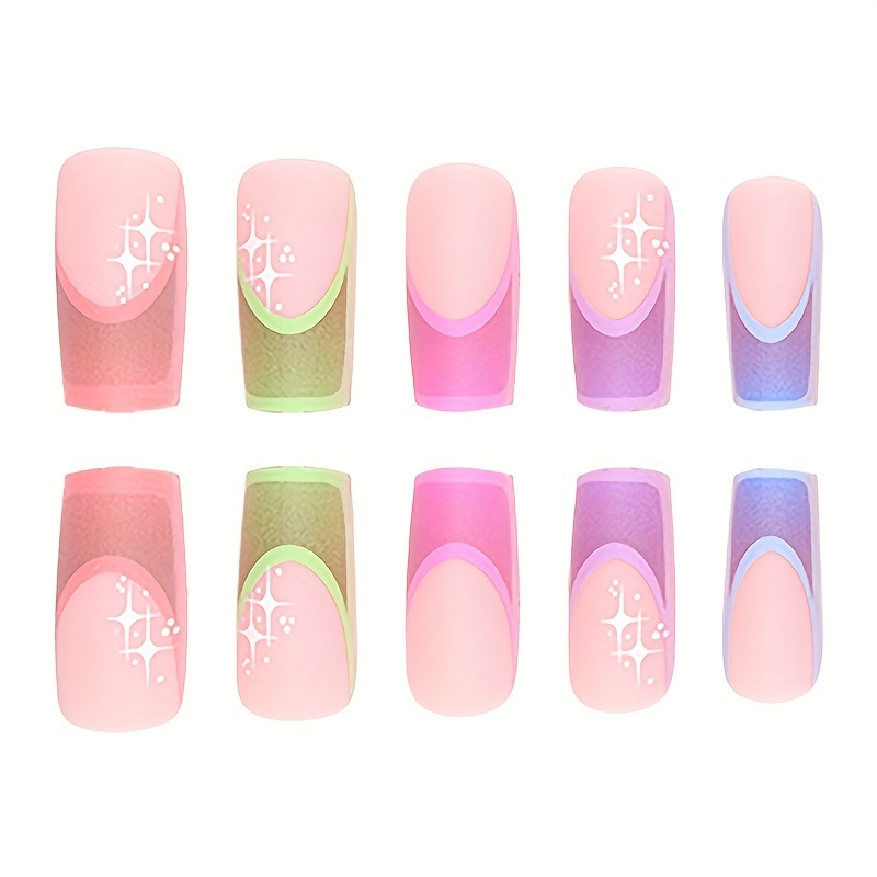 Matte Long Square Fake Nails, Colorful French Tip Press On Nails With Star  Design, Ombre Color Full Cover False Nails For Women Girls - Temu Cyprus