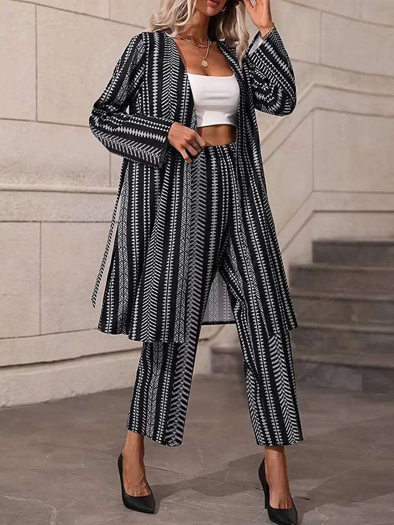Plus Size Trendy Outfits Set Women's Plus Geo Striped Long - Temu