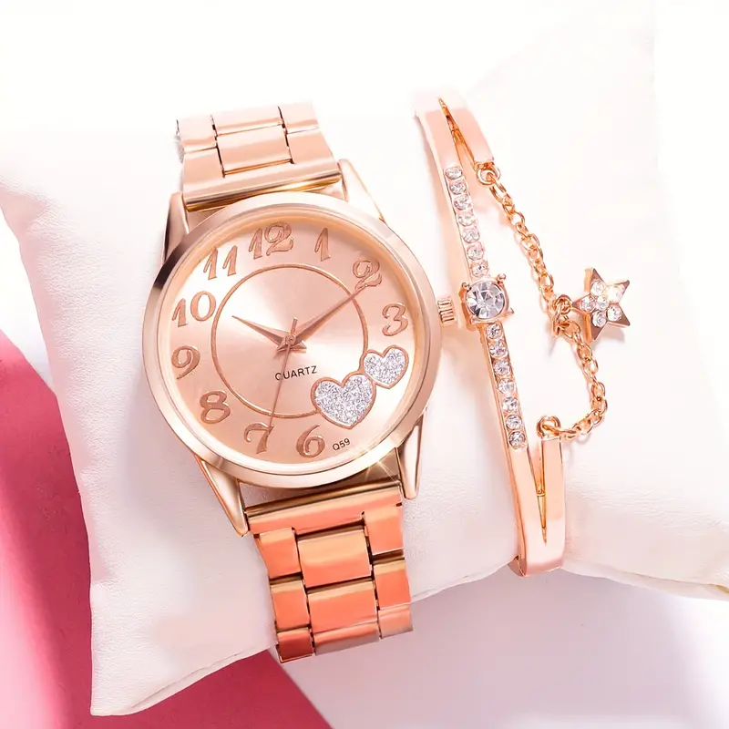 女性用腕時計 キュートなハート クォーツ時計 ロマンティック アナログ腕時計  スターブレスレット 5個、彼女へのバレンタインギフト  ジュエリー・アクセサリー Temu Japan