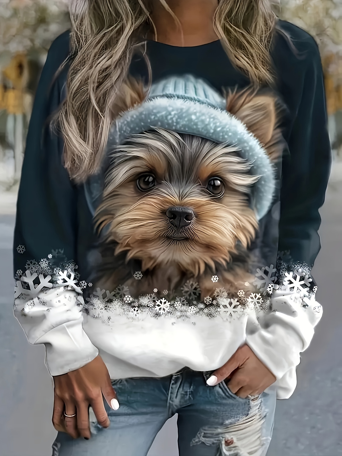 Yorkshire Terrier Dog Puppy Print Pattern Women Crewneck Sweatshirt