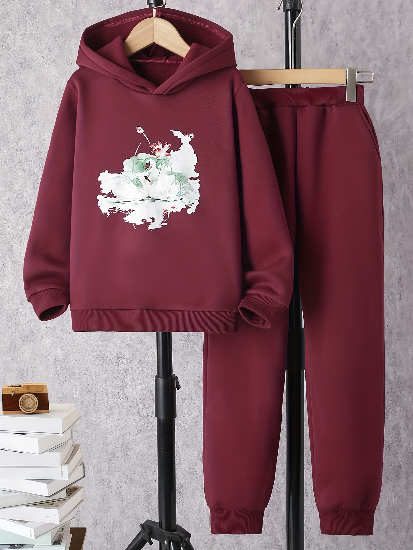 Girl's Lotus Pattern Outfit Hoodie Sweatpants Set Kid's - Temu