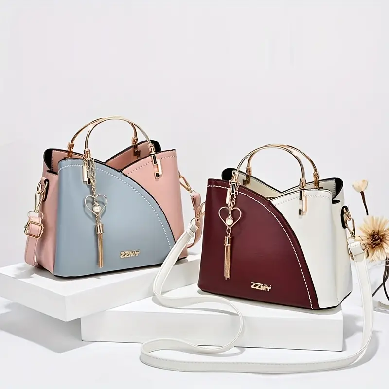color contrast handbags fashion top ring satchel purse tassel decor crossbody bag for women details 2
