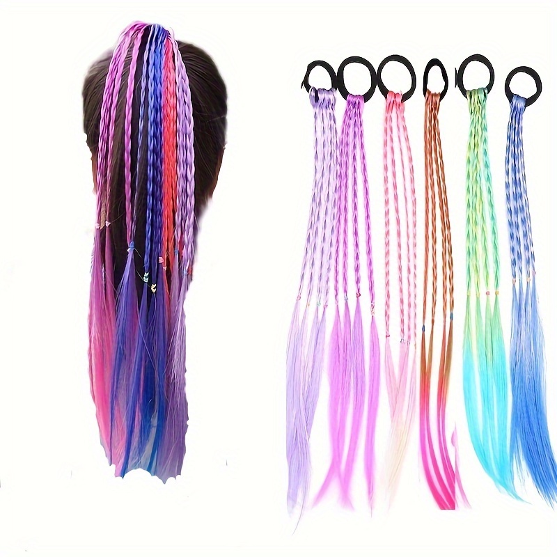 6psc Colorful Braided Hair Extensions With Rubber Bands Assorted Color Hair Accessories colorful Braided Synthetic Hairpieces Ponytail Hair Accessories For Women Party Cosplay Daily Wear Hair Accessories