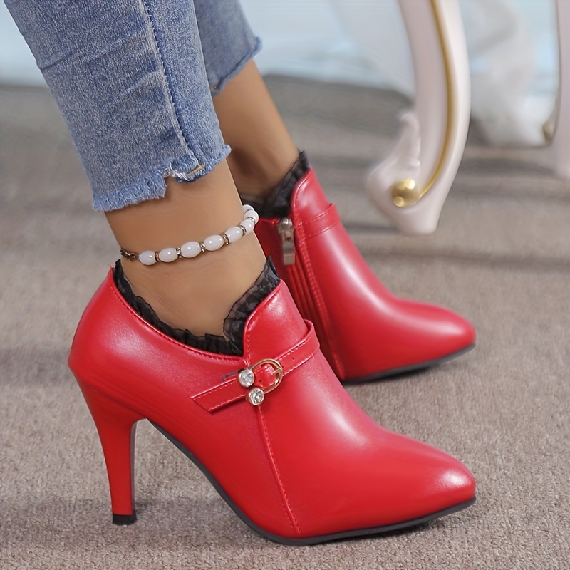 Pointed Toe Stiletto Heel Ankle Boots For Women Side Zipper Shoes