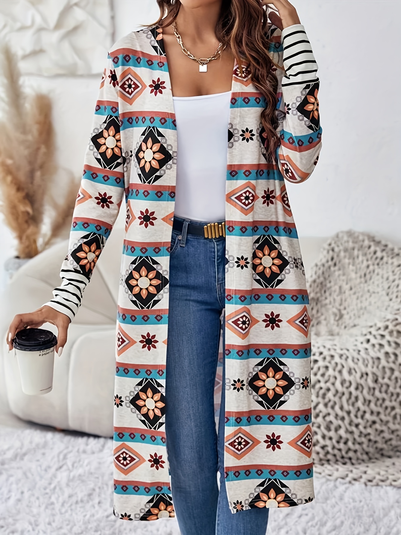 Étnico Floral Print Open Front Cardigan, Casual Long Sleeve Mid Length Outwear, Ropa De Mujer