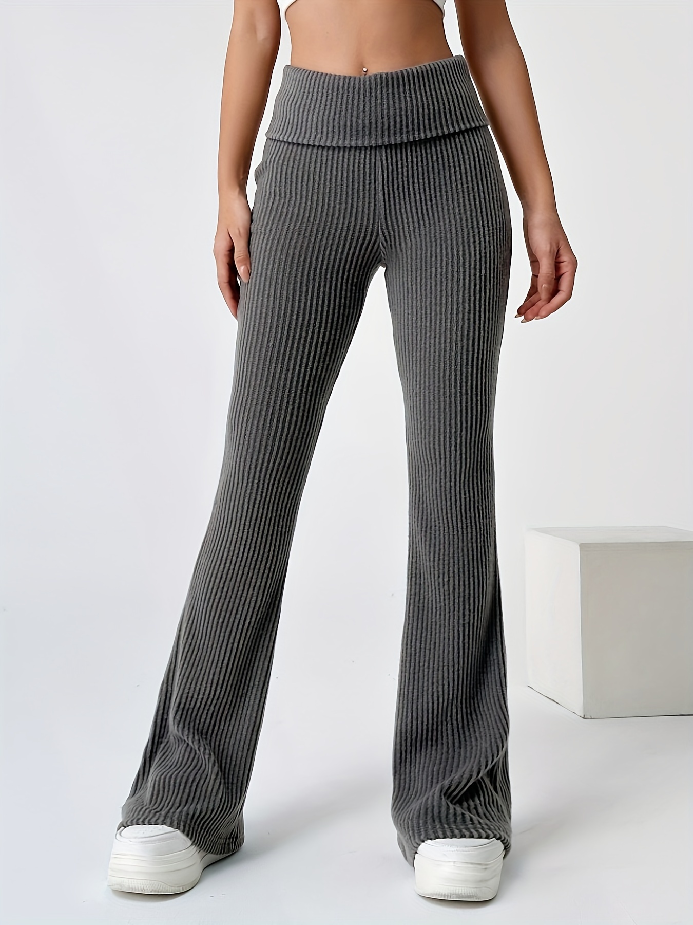 Solid Velvet Flare Leg Pants, Casual Elastic Slim Pants For Spring & Fall,  Women's Clothing