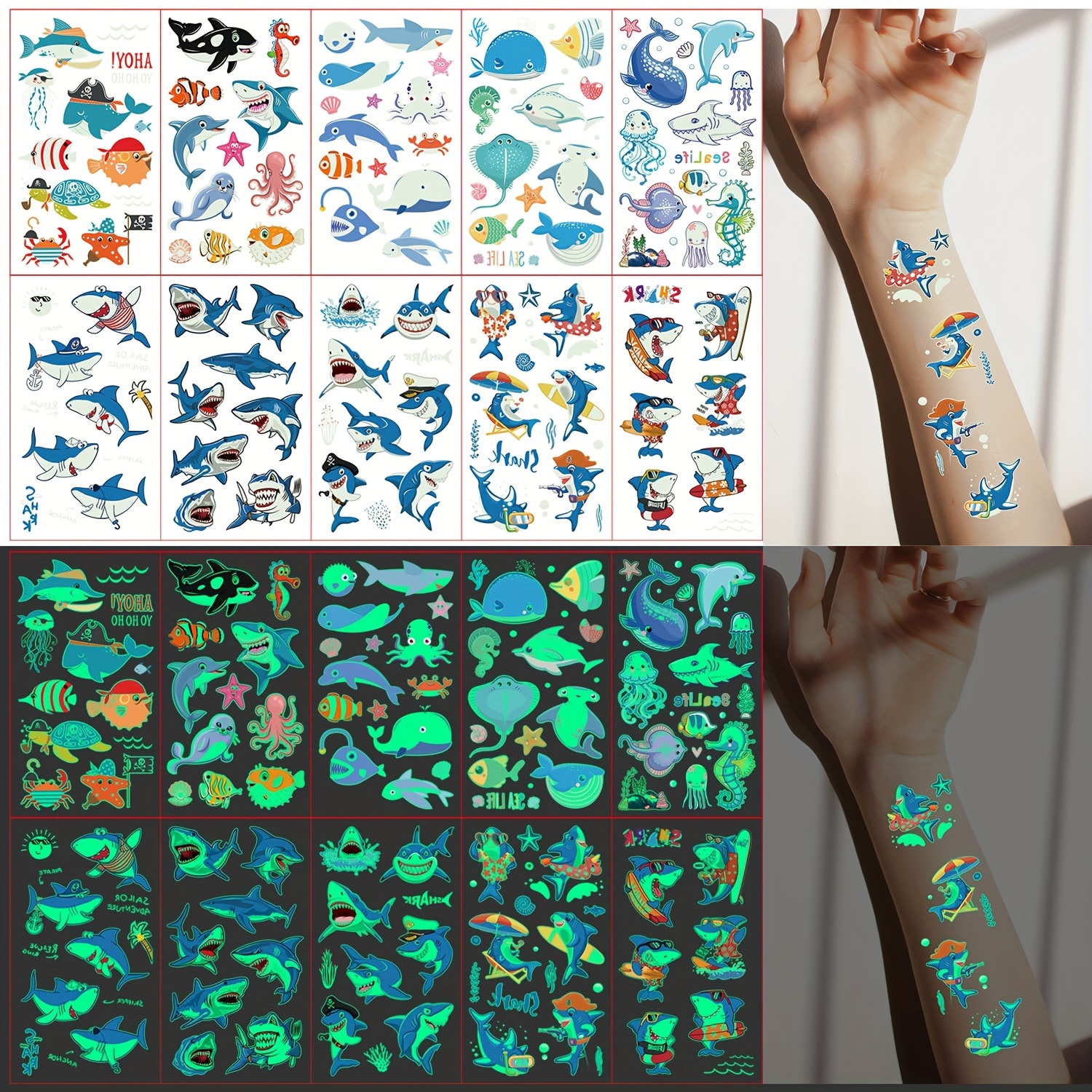 

10 Sheets Of Luminous Tattoo Stickers, With Cute Cartoon Shark, Whale, Dolphin, And Ocean Animal Patterns, Waterproof And Sweatproof Temporary Tattoo Stickers That Glow In The Dark For Music Festival