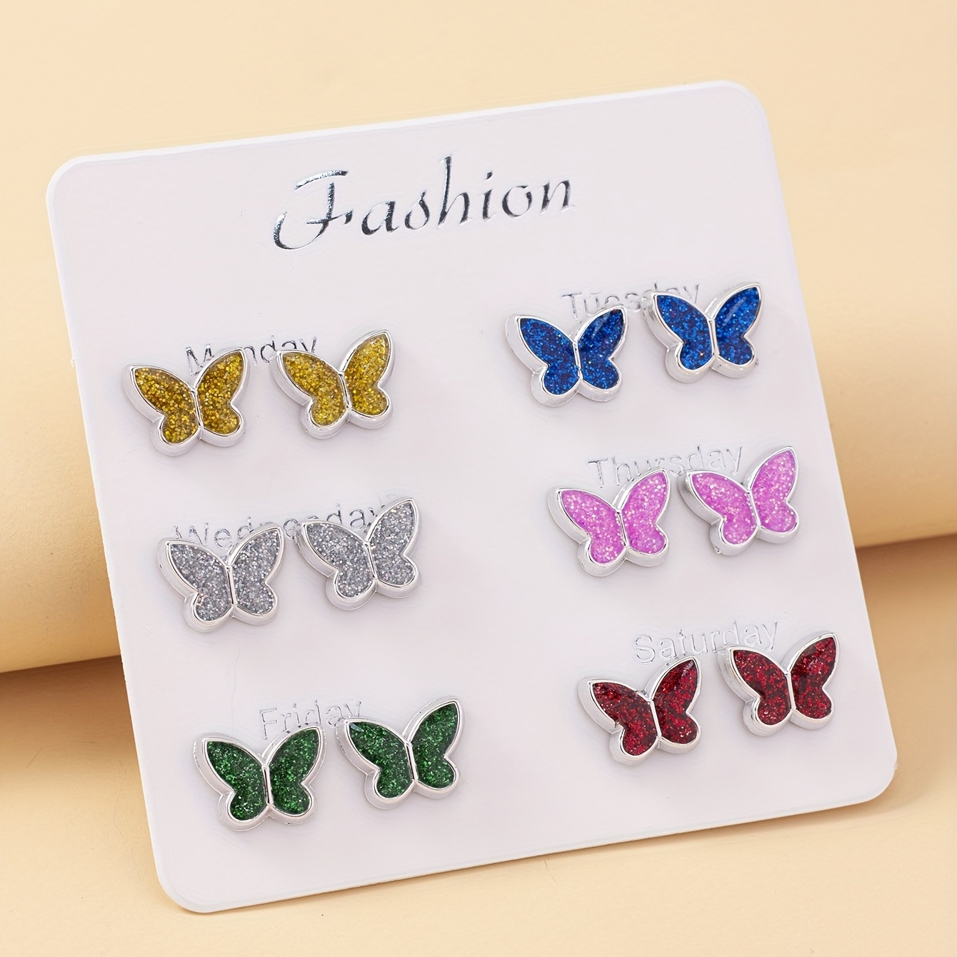 

6 Pairs Enamel Butterfly Design Stud Earrings Elegant Cute Style Zinc Alloy Silver Plated Jewelry Trendy Female Gift