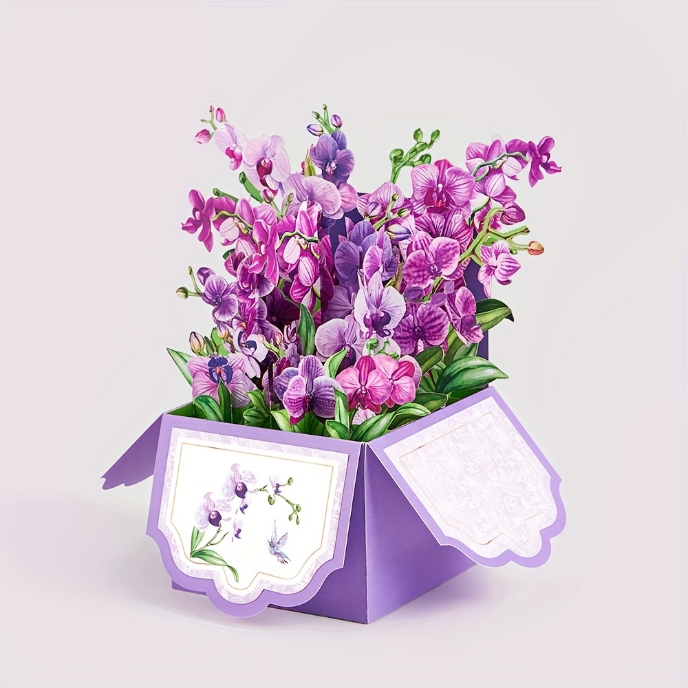 Purple Orchids Pop Up Box Card Christmas Birthday Father Mother