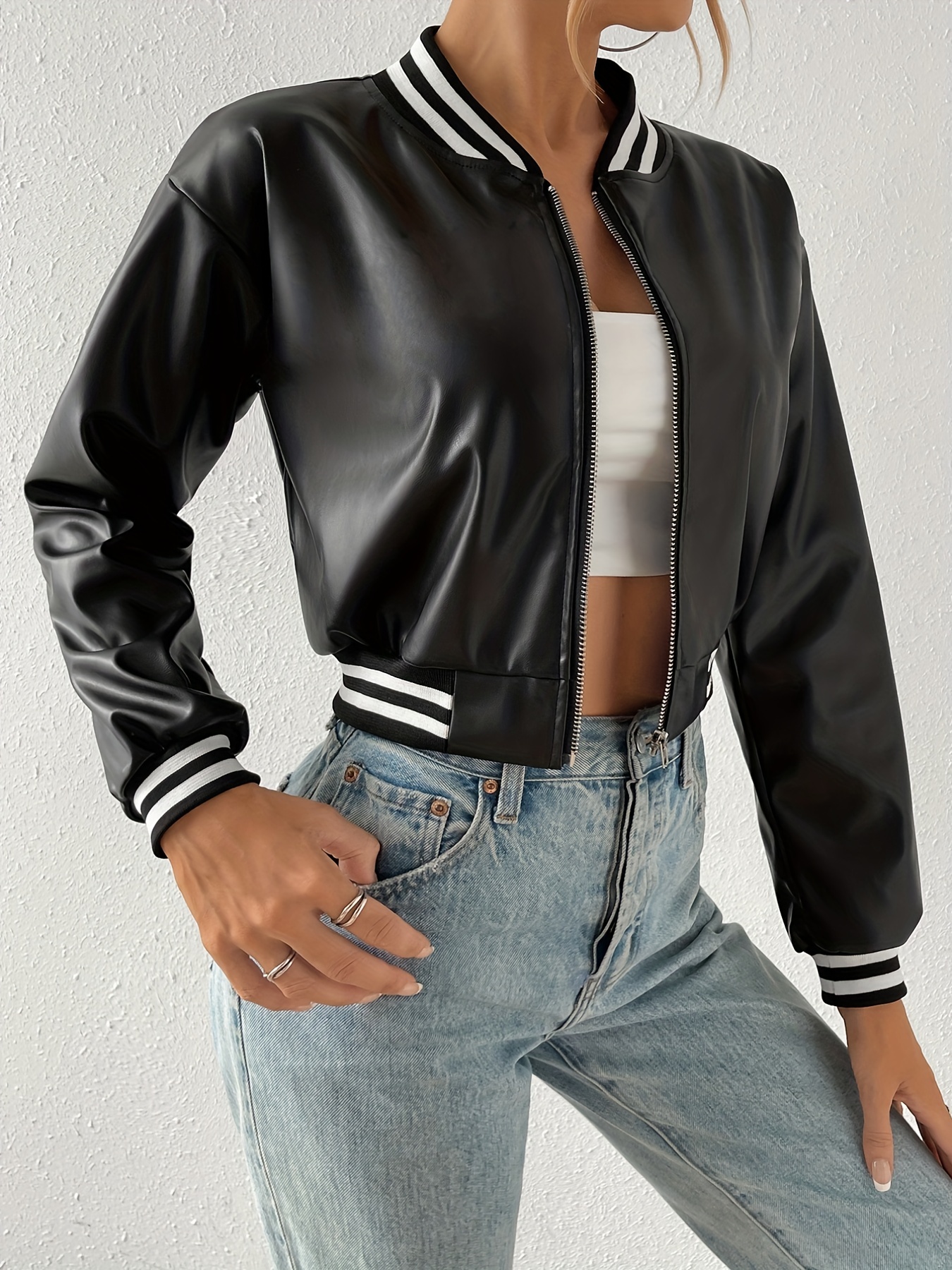 Black Faux Leather Long Sleeve Zip Front Shirt