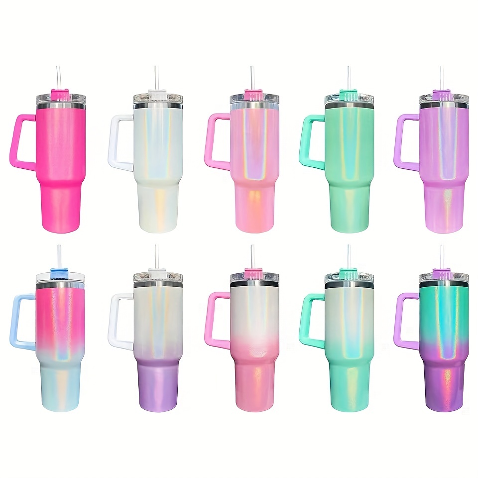 Stainless Steel Glitter Tumbler With Straw, Portable Gradient
