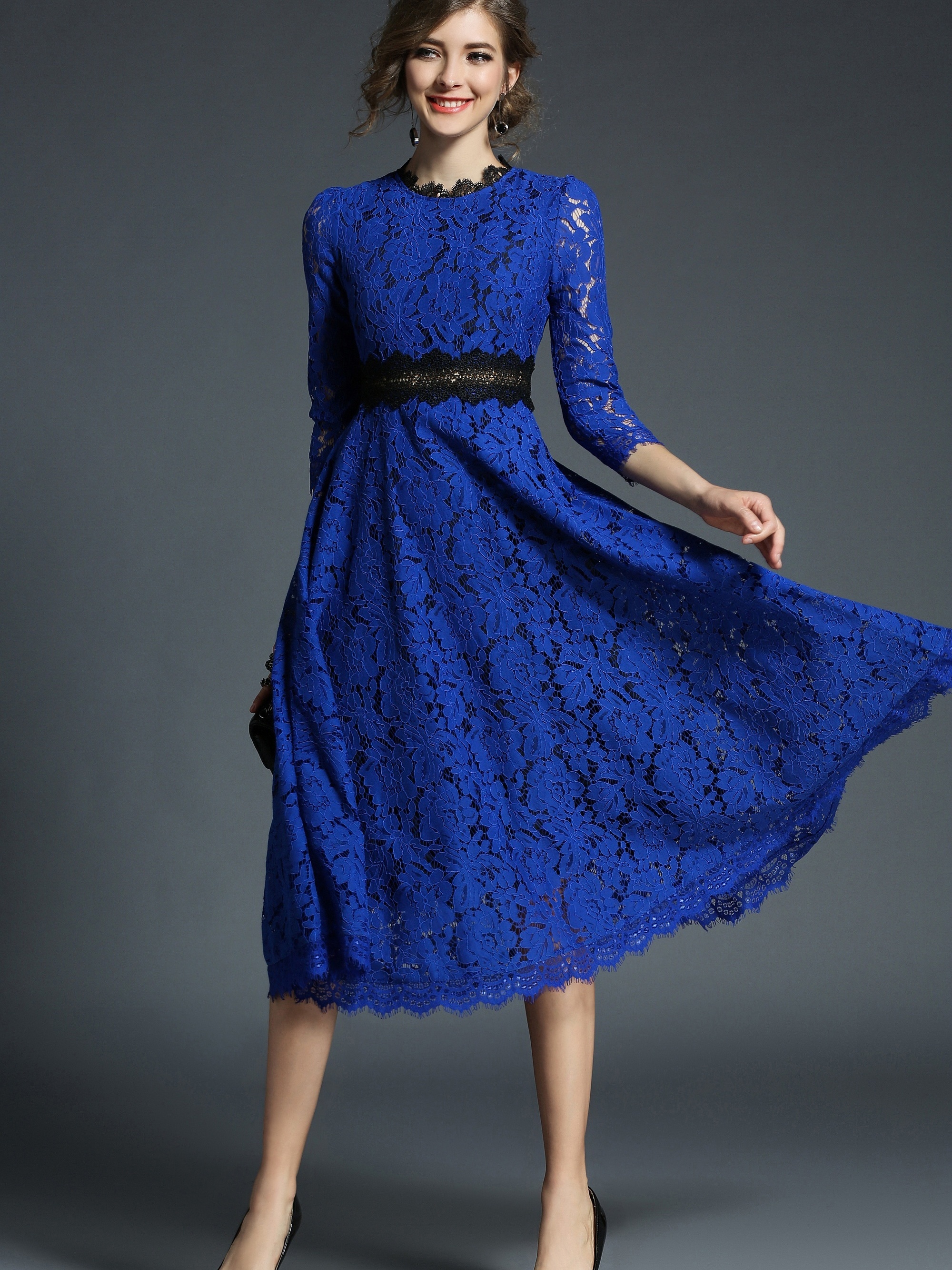 Solid Contrast Lace Dress Elegant 3/4 Sleeve Midi Dress - Temu