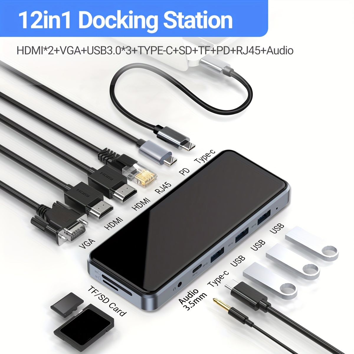 Hub USB C, Adaptateur Multiport 12-en-1 vers Dual HDMI et VGA